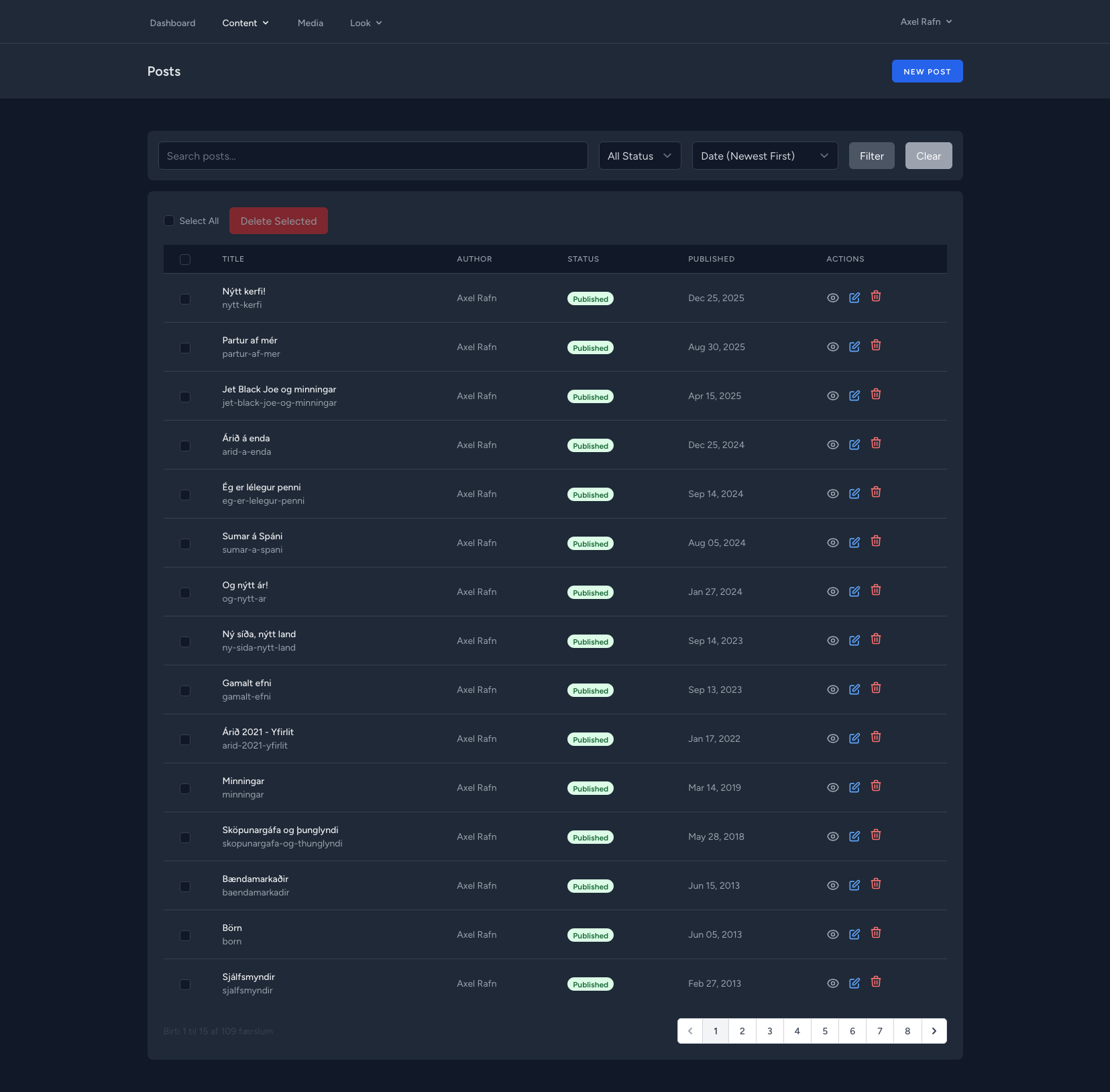 ScribeCMS bakendi færslu yfirlit